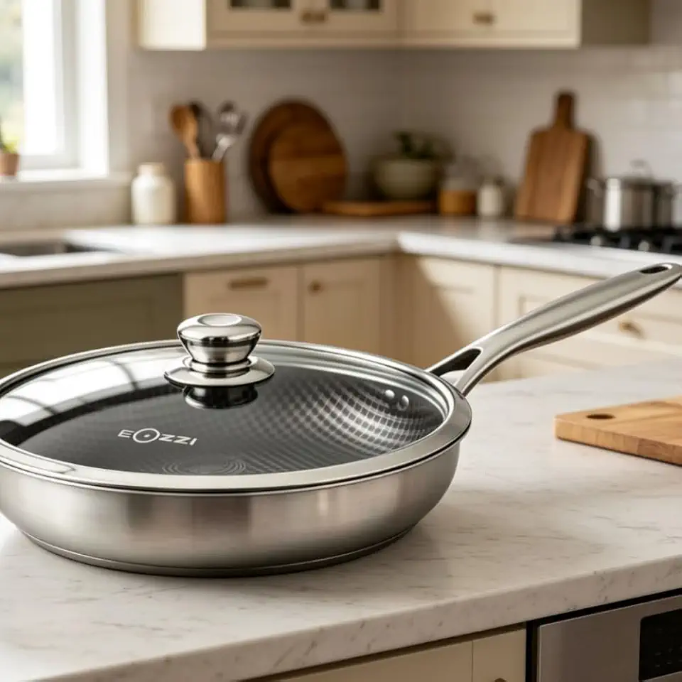 Frigideira Inox com Tampa de Vidro 28cm Fundo Triplo Antiaderente Induçao