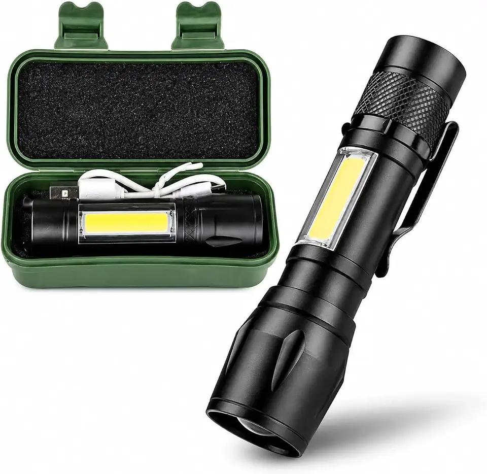 Lanterna Tática LED Recarregável USB de Alta Potência | Zoom Ajustável | 5 Modos de Iluminação | Resistente e Compacta | Ideal para Camping, Trilhas, Emergências e Uso Profissional