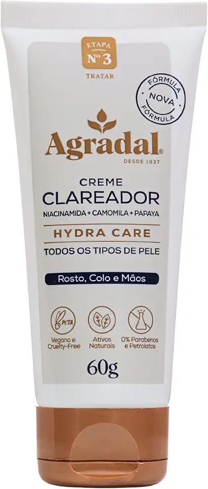 Agradal, Creme Clareador Skincare Hydra Care, Fórmula com Extratos de Camomila e Papaya, para Todos os Tipos de Pele, 60g, Tubo Branco