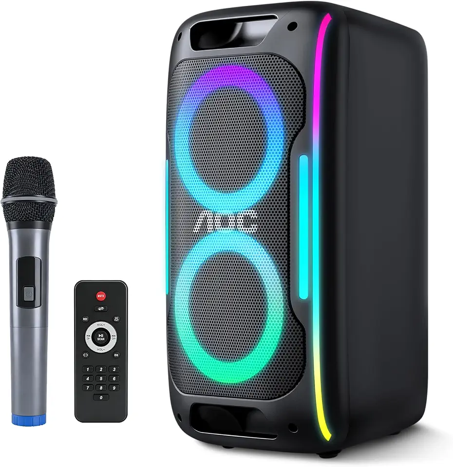 AOC Caixa de Som Bluetooth Party Speaker com 1 Microfones Sem Fio, 50W RMS, Caixa de Som para Festa com Iluminação LED, Entradas USB/TF/AUX e Função TWS/REC/FM/BT/TWS/REC/MIC