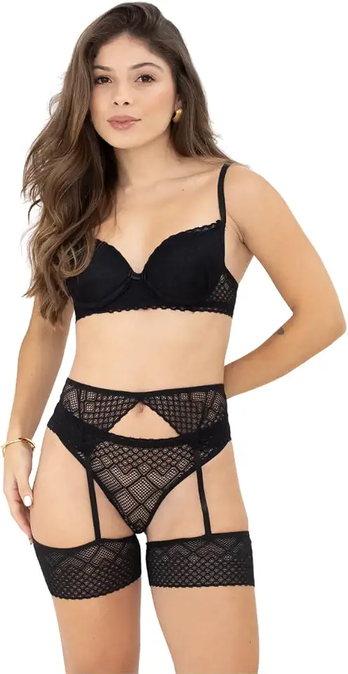 Conjunto Lingerie Feminina 3 Peças Sutiã Bojo Calcinha e Cinta Liga (PRETO, G)