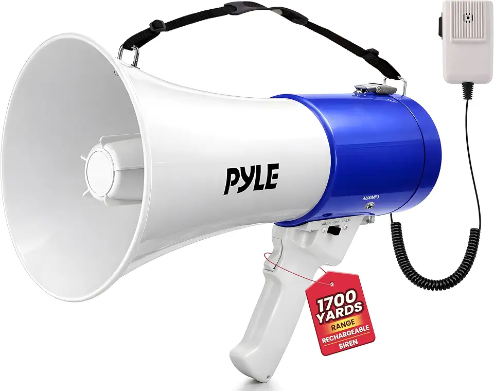 Pyle Megafone Megafone Megafone portátil de 50 W com entrada AUX, alerta de sirene, volume ajustável, design leve para eventos ao ar livre, esportes, controle de multidão e uso de emergência (azul)