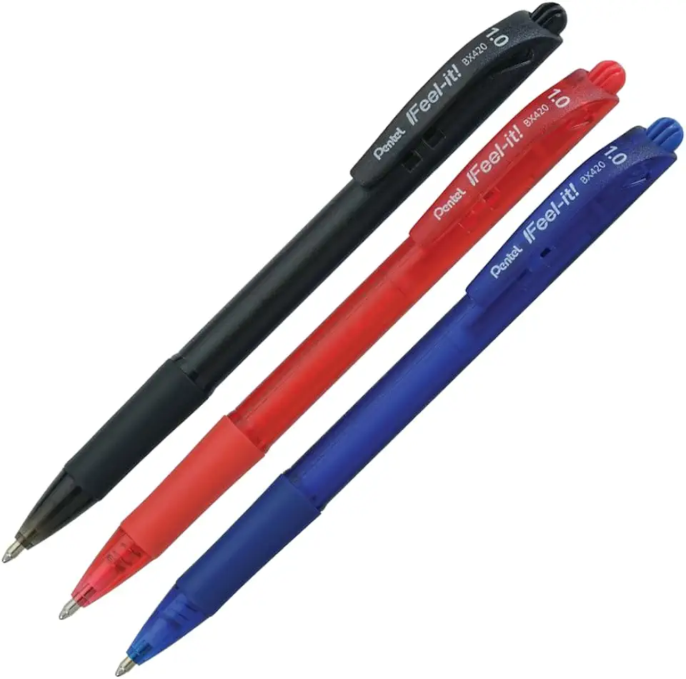Pentel Caneta Esferográfica Feel It 1.0mm Kit 3 Cores Tintas Azul Preto e Vermelho SM/BX420-ABC