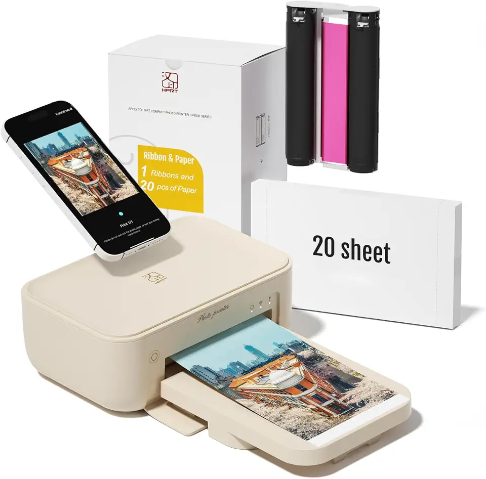 HPRT Impressora fotográfica 10 x 15 cm com 20 folhas de papel fotográfico e 1 fita, impressora instantânea de mesa para iPhone, smartphone, sublimação de tinta térmica, conexão Wi-Fi, uso doméstico