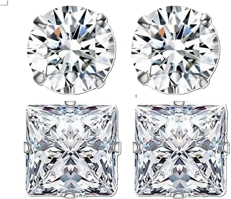 Conjunto 2 Pares de Brincos Prata Cravejado de Zirconia10mm Masculinos Redondo e Quadrado Estilo CR7 Alto Brilho