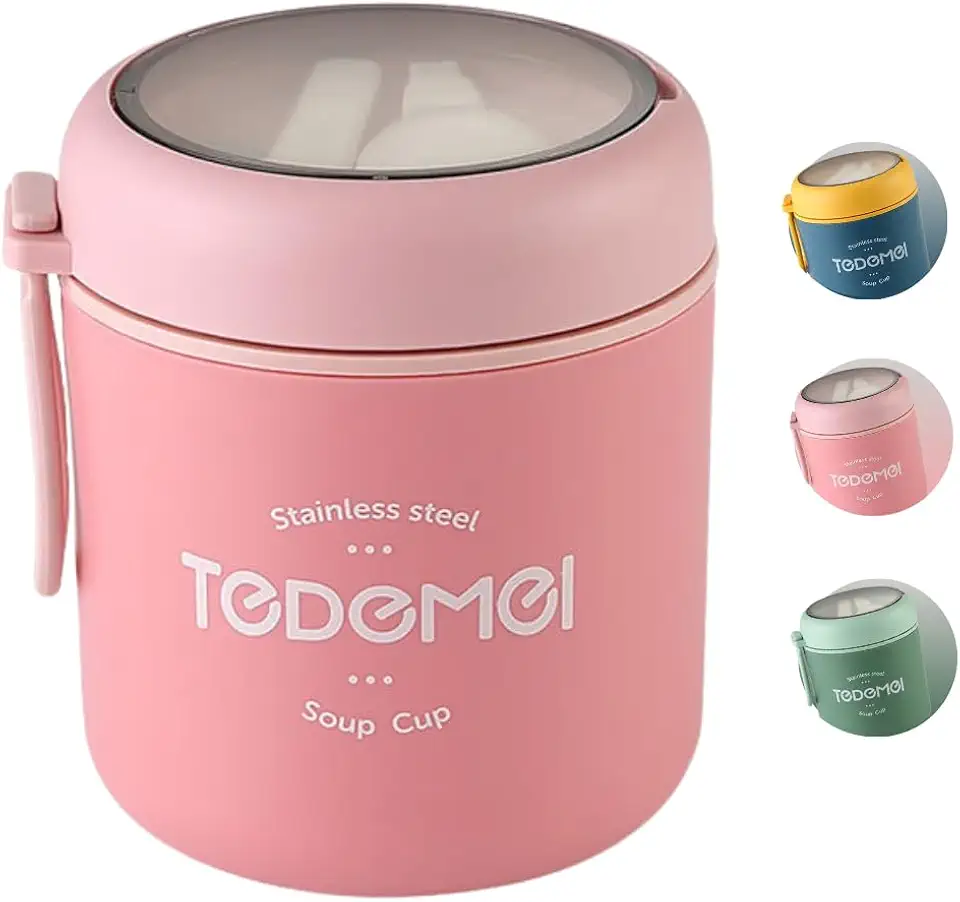 Pote Térmico Em Aço Inox 530ml - Acompanha Colher - Para Alimentos, Frutas, Sopa - Ideal para Academia/Trabalho/Faculdade (Rosa)