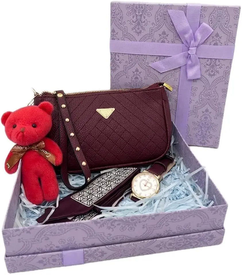 Kit Presente com Bolsa Feminina Pequena, Relógio Feminino, Ursinho e Lenço, Caixa Presenteável Luxo, Pronto para Presentear | Material Sintético