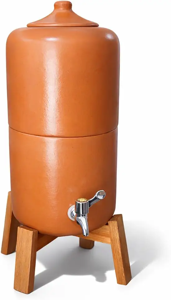Filtro de Água de Barro com Suporte de Madeira, 6 Litros, Terracota Marrom, Purificador Natural para Bancada, 51cm Altura, Inclui Vela Torneira e Boia