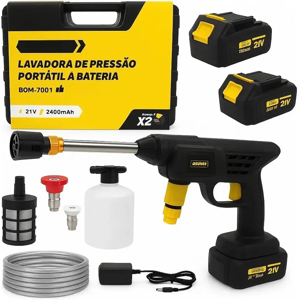 Lavadora de alta pressão a bateria 21V com 2 baterias e acessórios - BOM-7001 - Bomvink (110V/220V)