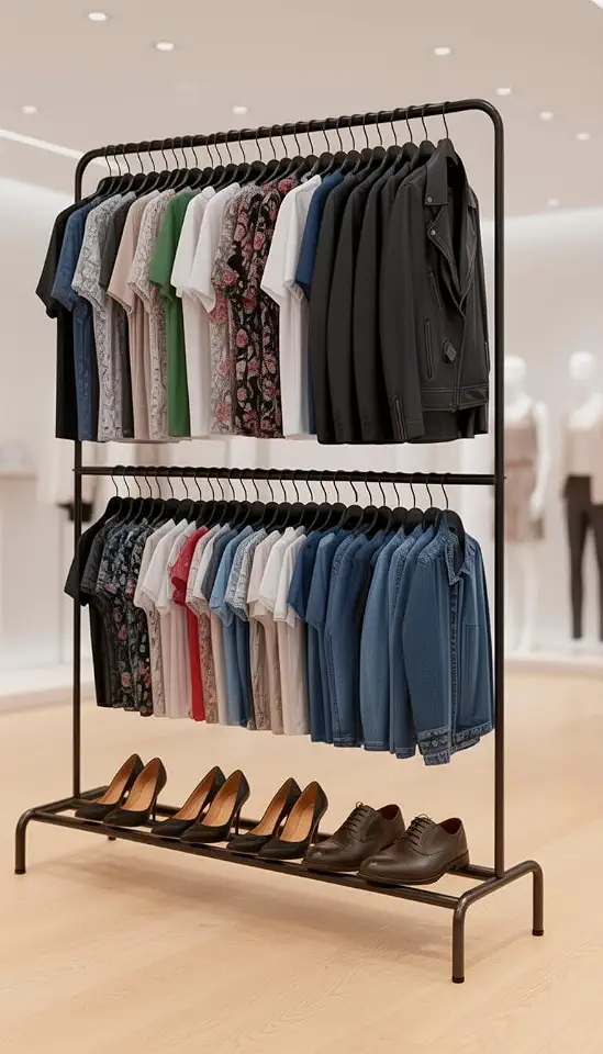 Arara Dupla Para Roupas Com Sapateira - 100% Aço - Suporta 180 Cabides (Preto)