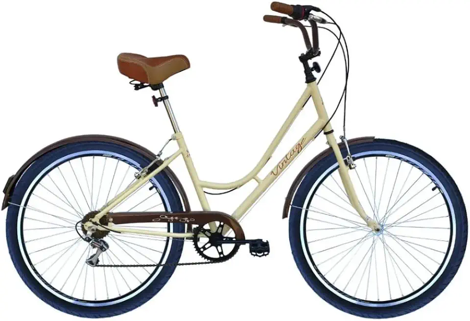 Bicicleta Unissex 26 Vintage Bege de 06 Velocidades e Cesta Marrom Dalannio Bikes