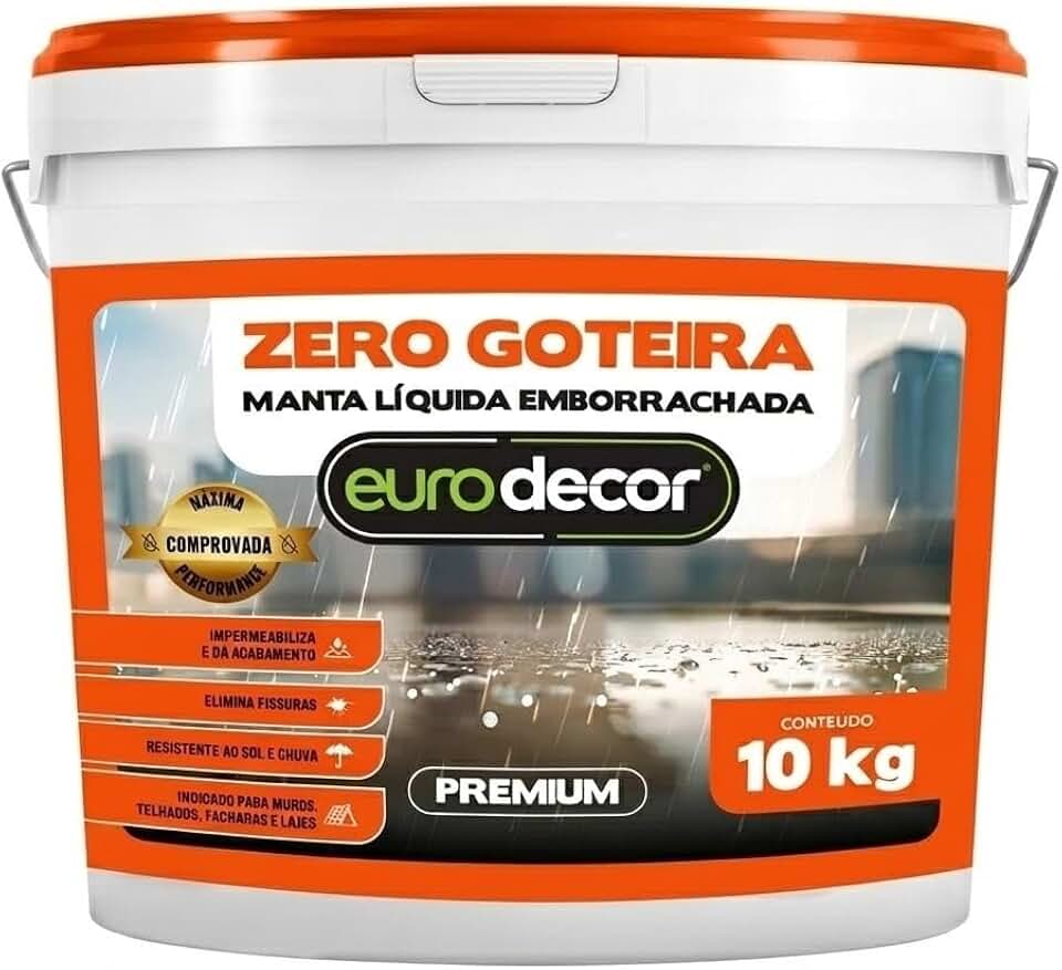 Manta Líquida Emborrachada Zero Goteira10kg Eurodecor – Impermeabilização de Laje, Telhado e Parede contra Infiltrações, Anti Goteira, Alta Resistência à Água, Rende até 15m² (Preto)