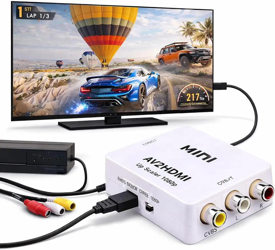 Conversor AV para HDMI Mini RCA CVBS para HDMI 1080p Full HD Adaptador Áudio e Vídeo Up Scaler AV2HDMI com Cabo USB Incluso Compatível com TV Box PS1 PS2 PS3 Xbox DVD VHS PC Monitor Plug and Play