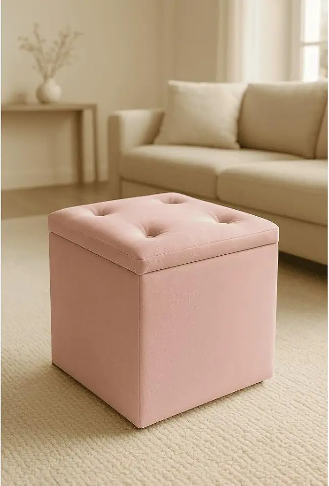 Puff Baú Decorativo com Armazenamento, Puff Organizador Suede ou Veludo, Banco Estofado Multiuso para Sala Quarto Closet(Rosa Suede)