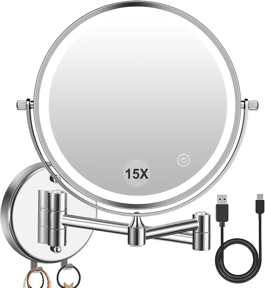 1×/15× Espelho de maquiagem de LED montado na parede com ampliação 3500 mAh recarregável, regulável ao toque, 3 luzes coloridas, rotação dupla face de 360° de 20 cm, ideal para hotel e banheiro