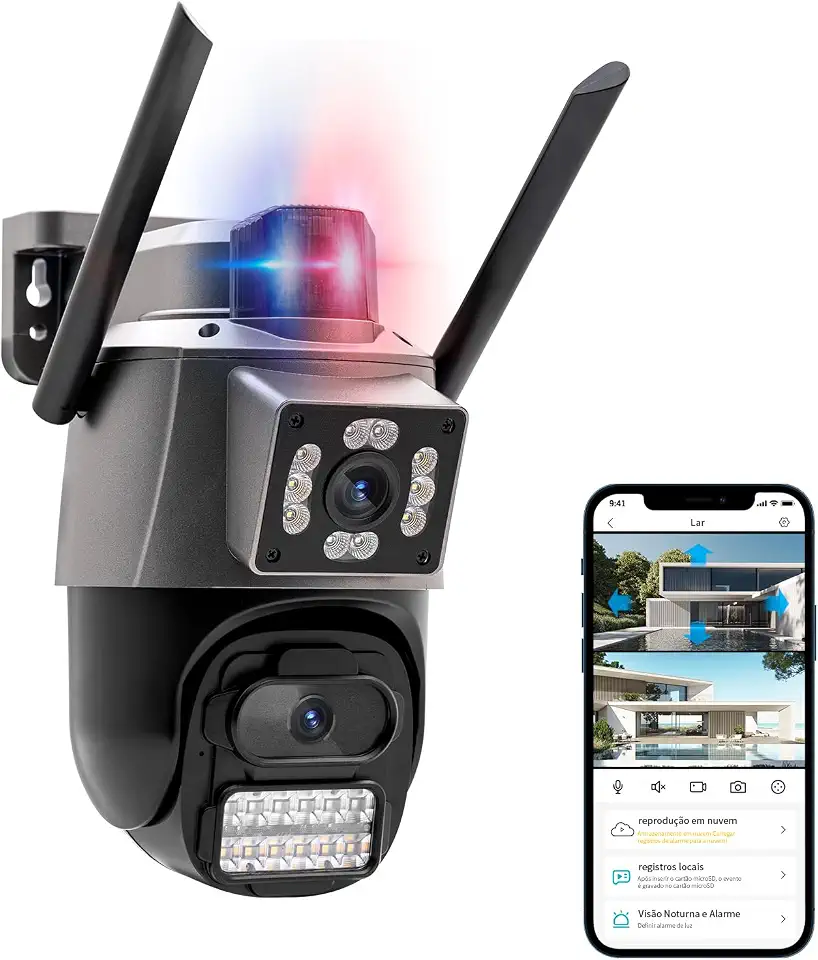 Câmera IP Sem Fio de Segurança Externa HD 3MP, Câmera de Visão Noturna Infravermelha WiFi, Dupla Lente Grande Angular, IP66 à Prova D'água e à Prova de Poeira, Luz de Advertência