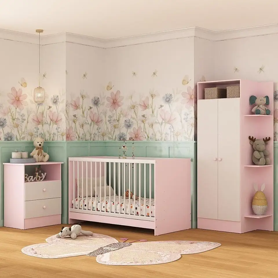 Jogo de Quarto de Bebe Infantil Completo com Colchão Incluso Trevalla Móveis Pom Pom - Rosa/branco