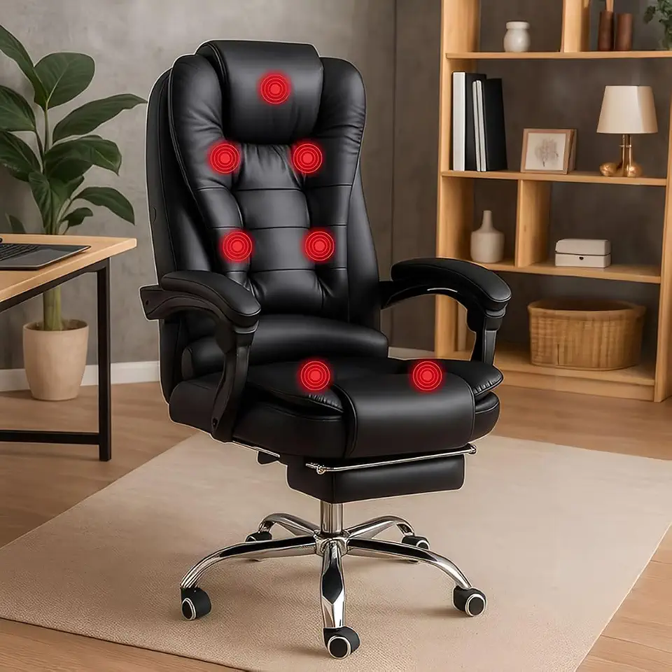 Cadeira Presidente Executiva com Apoio aos Pés e 7 Pontos de Massagem, Reclinável até 150°, Giratória 360°, Couro Sintético PU, Ergonômica, Luxo