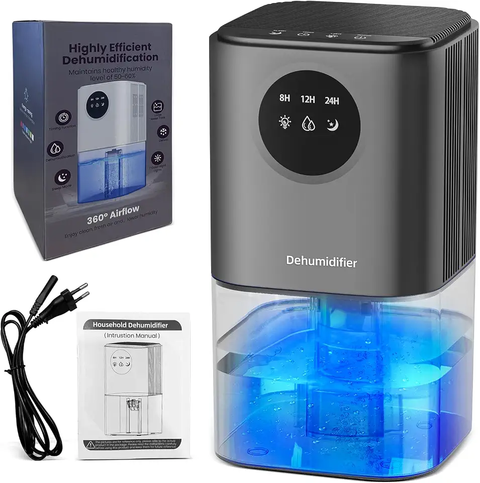 Desumidificador de Ar Inteligente com Timer, 1.7L de Capacidade, 22.5W, Luz Ambiente, Modo Repouso, 47dB Máximo, AC 100-240V Preto
