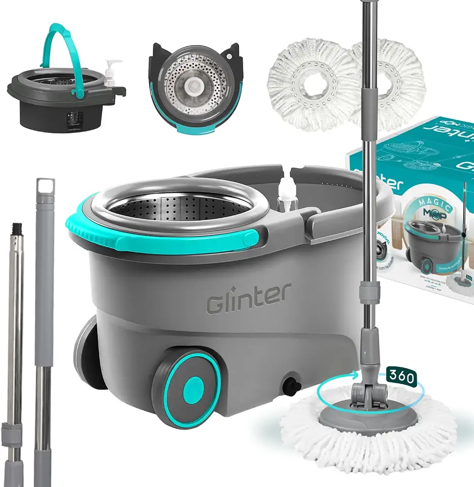 Mop Profissional Inox 16L Glinter Magic Mop com 2 Refis de Microfibra, Cabo 1,60m, Alta Durabilidade e Resistência