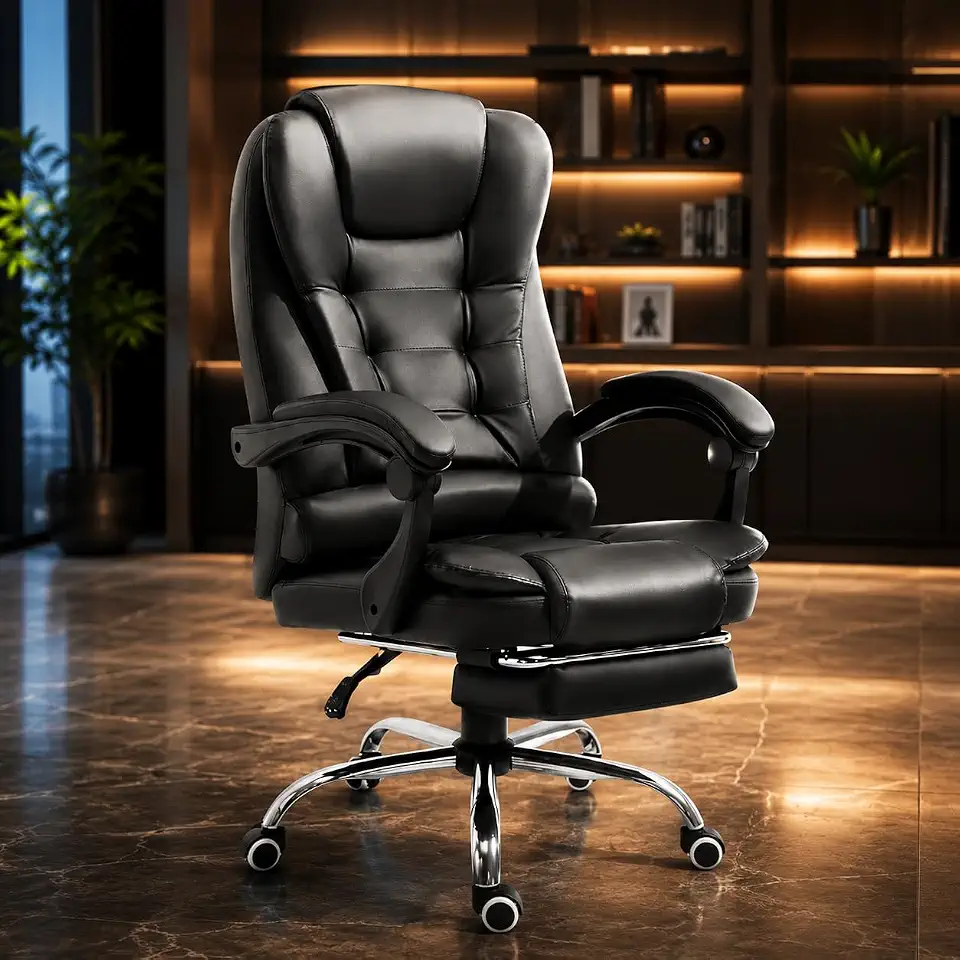 Cadeira Ergonômica Executiva Preta Couro Sintético Reclinável 90°-120° com Apoio para os Pés Retrátil Com Encosto Ajustável Suporta até 150kg - Linha GT Premium