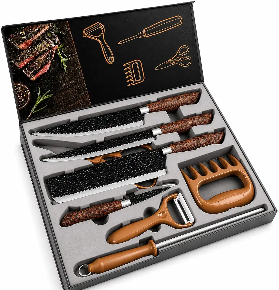 Kit Churrasco Premium 8 Peças – Conjunto Profissional de Facas Gourmet em Aço Inoxidável com Lâminas Antiaderentes e Corte Navalha – Amadeirado