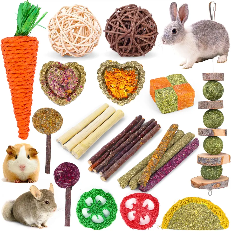 VESPRO Brinquedos de coelho para coelhos, hamster, porquinho-da-índia, palitos naturais de feno Timothy para mastigar guloseimas e bolas para coelho, chinchila, porquinho-da-índia, hamster, cuidados
