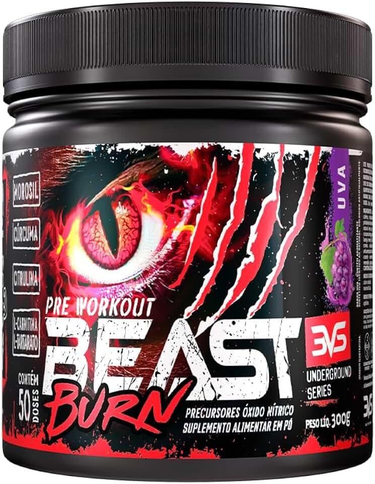 3VS Nutrition Pré-Workout Beast Burn 300g – Suplemento Pré-Treino Fórmula Única com Cafeína, Beta Alanina, L-Carnitina, Citrulina, Morosil® e Cúrcuma – 50 Doses 300gr Sabor Uva
