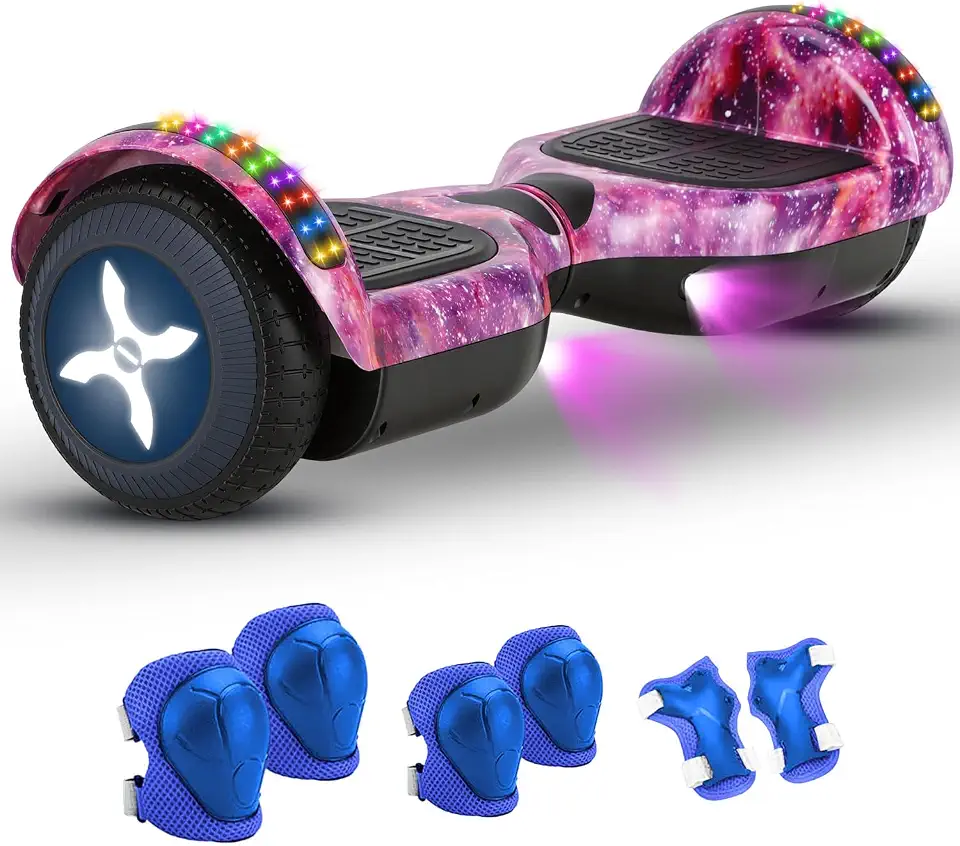 Hoverboard Adulto e Infantil com 350W, Overboard Todo Terreno com Rodas Largas 6.5", Overboard com Bluetooth e Luzes LED, Hoverboard Adulto até 100kg, Autonomia de 10-15km (Roxo)