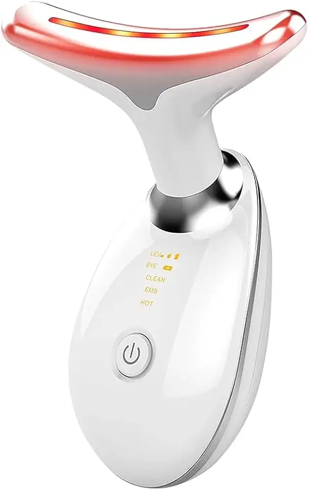 Massageador Facial LED 7 Cores - Modos, Aparelho Anti-Rugas para Rosto e Pescoço, Tratamento Estético Vibratório com Luz LED Para Elevação da Pele Lifting Bivolt Recarregável (Branco)