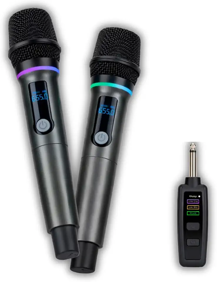 Microfone de mão profissional sem fio duplo RGB, tecnologia UHF. Ideal para karaokê, festas, eventos, palestras, igreja e entretenimento familiar – Qualidade Premium LNSTORE