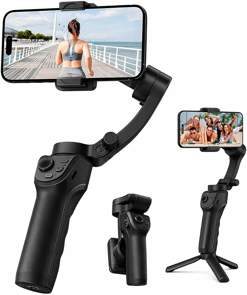 Estabilizador Gimbal 3 Eixos para Celular com Tripé Articulado, Bluetooth e Luz Integrada – Vídeos Estáveis, Portátil – Compatível iOS e Android (Preto)