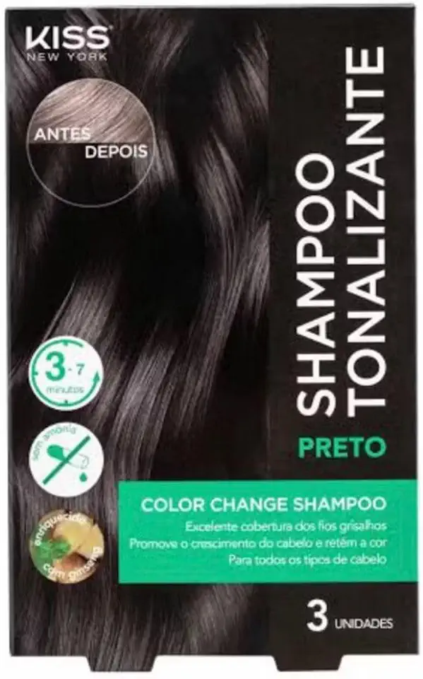 Shampoo Tonalizante Kiss New York para Cabelo Preto, 3 Unidadesde x 30ml, Cobertura de Fios Grisalhos, Coloração Sem Amônia