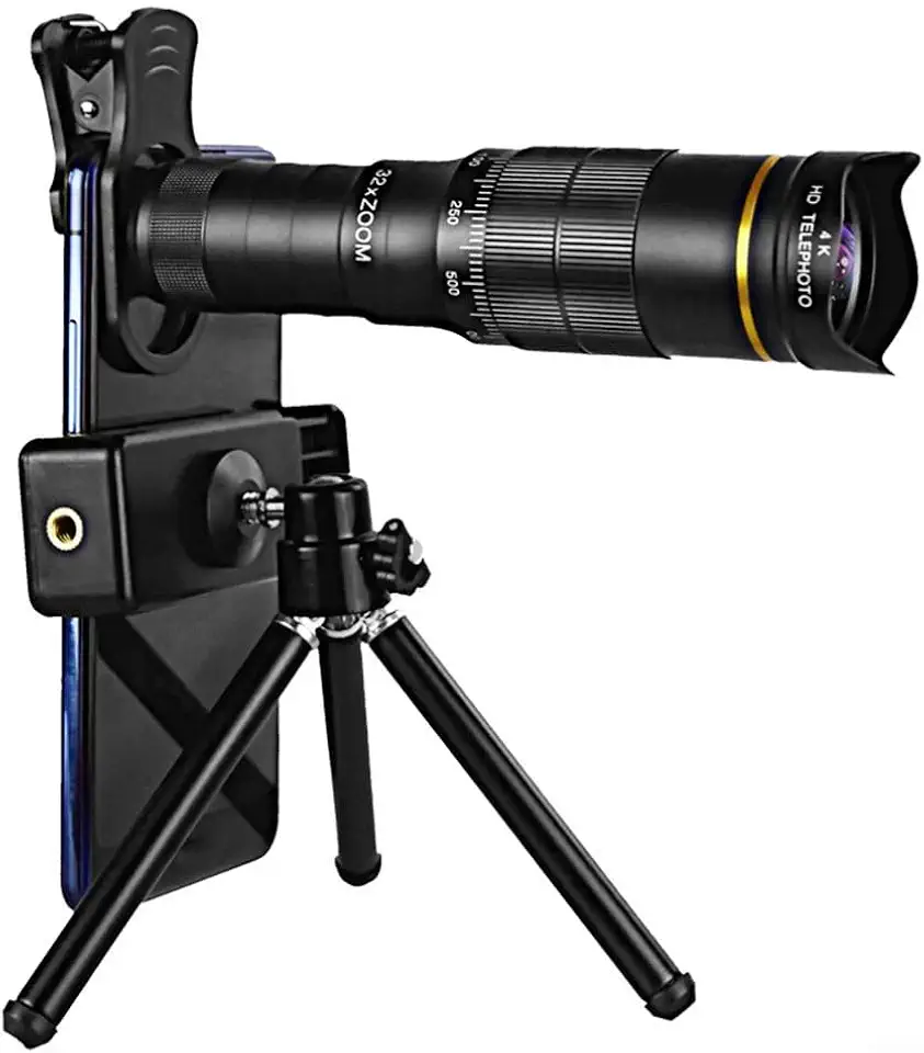 Lente teleobjetiva 32X para smartphones com tripé e clipe, acessório de câmera telescópica HD móvel para iPhone e Android, kit de lentes de zoom portátil para fotografia de vida selvagem, esportes e