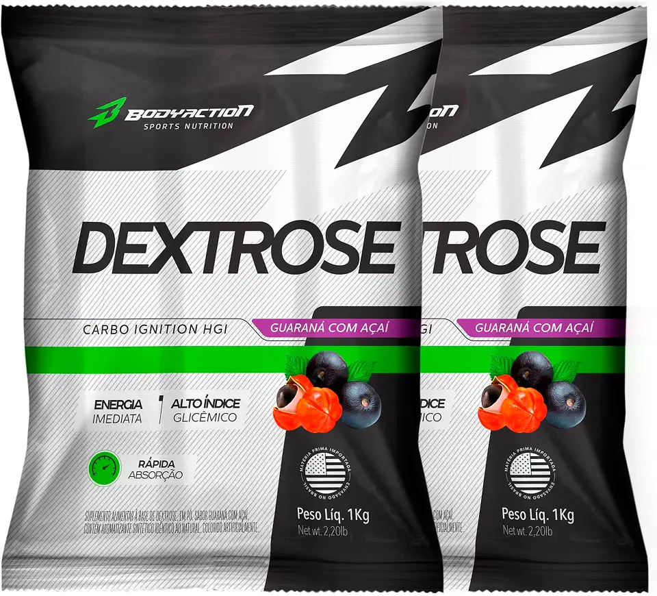 Kit 2x Dextrox - Dextrose 1kg Carboidrato de Rápida Absorção Energia Imediata Pós-Treino Alto Índice Glicêmico – BodyAction Carbo Ignition HGI (Guarana com Açai)