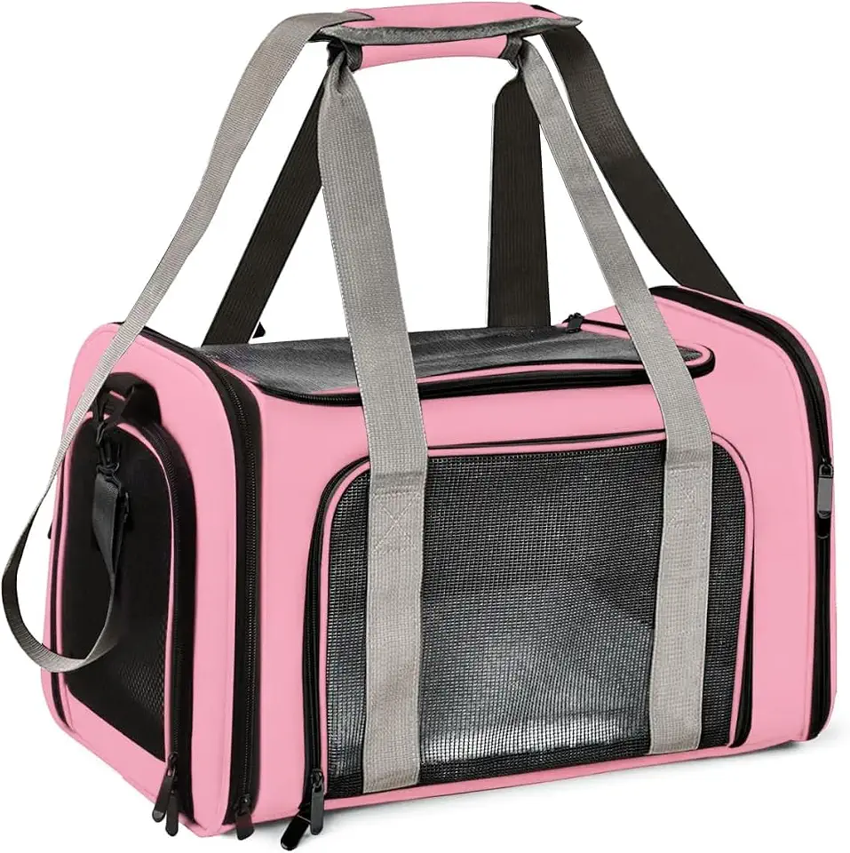 Bolsa de Transporte para Cães e Gatos até 14kg — Aprovada para Cabine de Avião, Tela Respirável 360°, Tapete Removível, Alça de Ombro, Resistente, Rosa