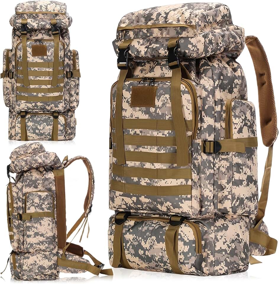 Mochila de Viagem 80L Impermeável para Camping e Trilha, Mochila Esportiva Grande Multifuncional com Compartimentos Amplos, Alças Confortáveis e Suporte para Equipamentos Outdoor, Camuflado
