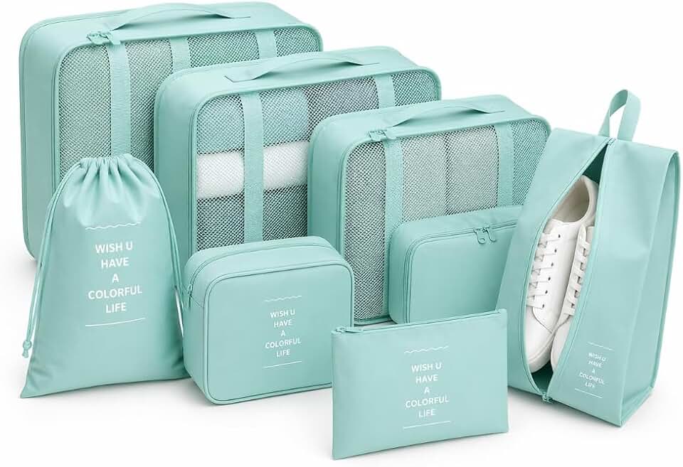 Kit Organizador de Mala 7 Peças Impermeável Organizador de Bagagem para Roupas Sapatos e Cosméticos Necessaire de Viagem Dobrável Compacta Alta Capacidade Multiuso Unissex para Viagens (VERDE AGUA)