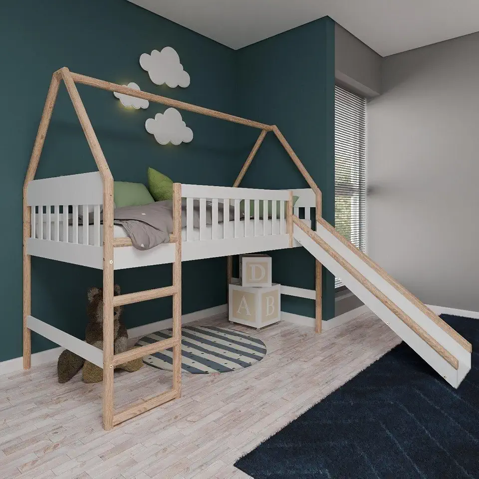 Cama Cabana Infantil Elevada com Escorregador Arredus Madeira Maçica/MDF Branco/Natural