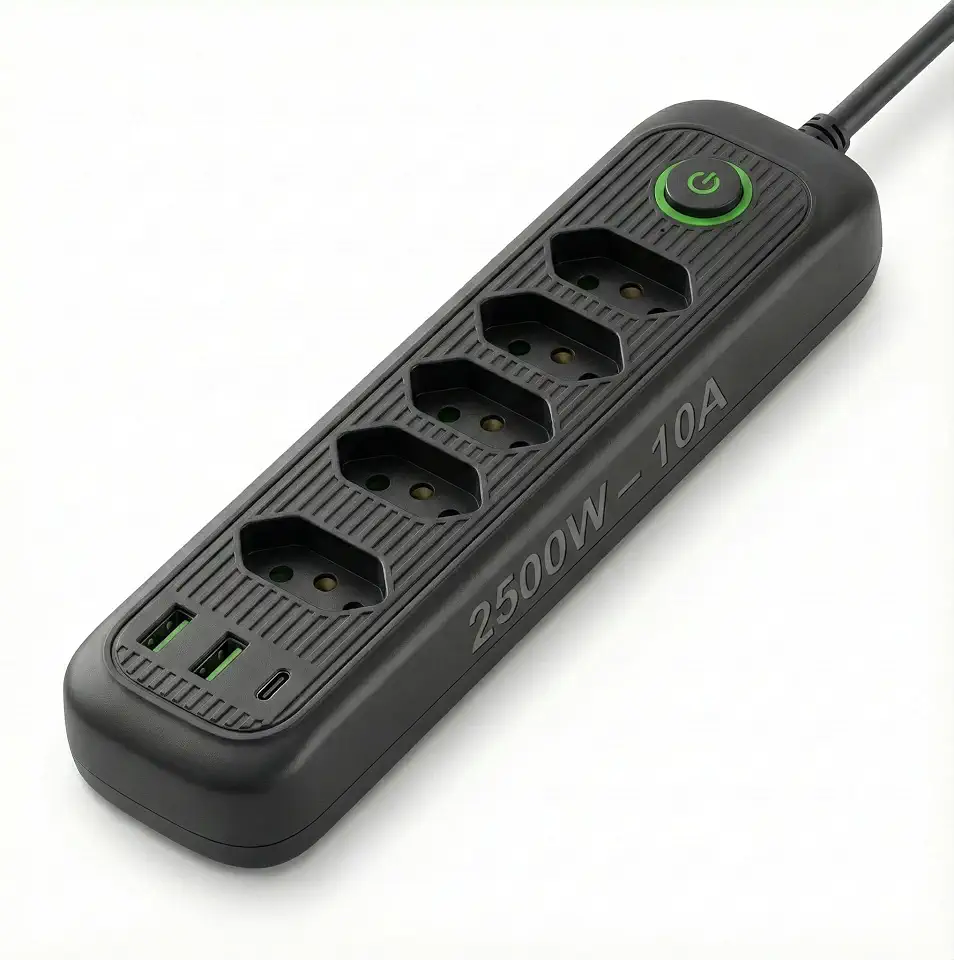 Régua de energia com 5 tomadas + USB + Tipo-C • Cabo 2m • Filtro de Linha • Bivolt automático • Ideal para home office, TV e PC (Preta)