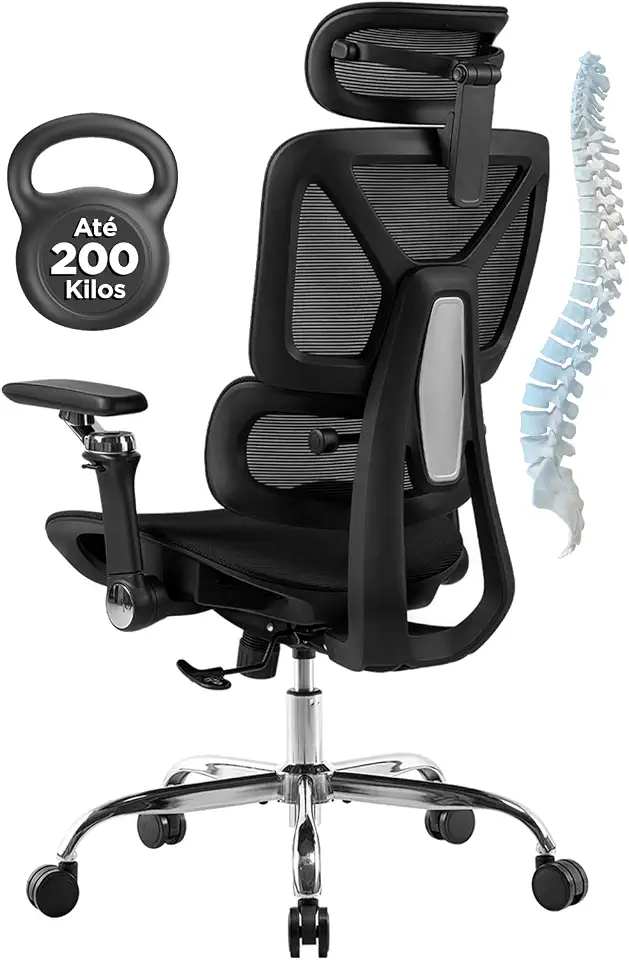 Cadeira Ergométrica Escritório Ajuste Lombar Mesh Malha Tecido Respirável Comfy Giratória Braços 6D Suporta 200 Kg Home Office Executiva Móveis Poltrona Gamer Estudo Confortável Ergonômica