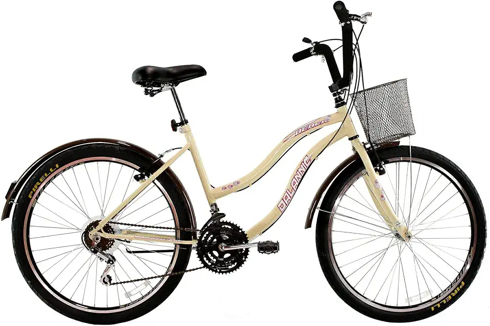 Bicicleta Feminina 26 Beach Retrô Bege de 18 Velocidades com Aros duplos, Pneus Slik, Paralamas e Cesta Marrom - Dalannio Bike