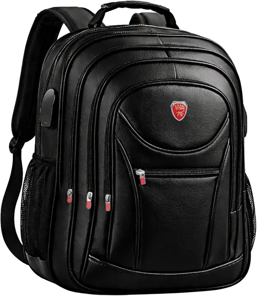 Mochila Couro Sintético Premium Resistente à Água Antifurto Cabo de Aço Saída USB P2 Compartimento Notebook até 17” Grande Capacidade 50L Executiva Unissex