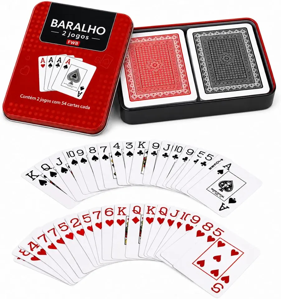 Kit 2 Baralhos 108 Cartas 100% Plástico com Estojo de Metal Premium — Impermeável Lavável e Resistente | Poker, Truco, Buraco, Canastra | Jogo de Cartas Família Adulto Infantil Duplo Deck