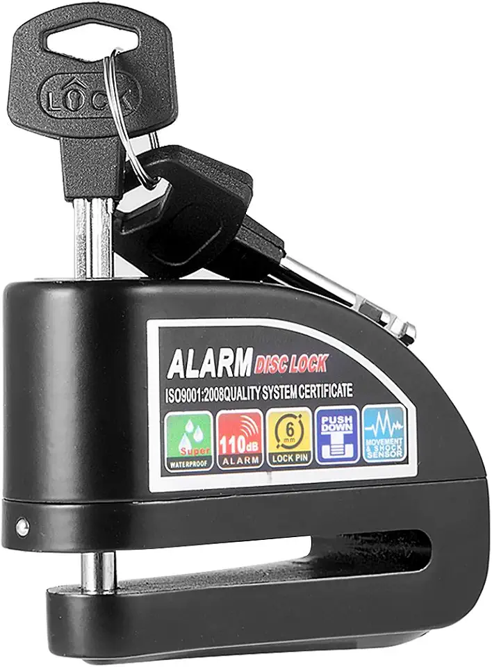 DEDC Trava de disco de motocicleta com alarme, cadeado de freio de segurança antifurto para motocicletas e scooter (som de alarme de 110 dB, à prova d'água e pino de bloqueio de 6 mm, 2 chaves)