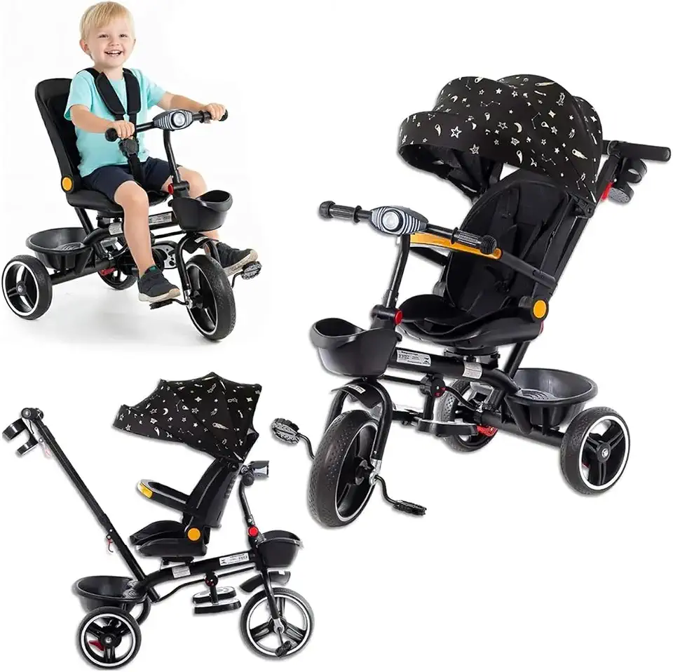 Triciclo Carrinho de Passeio 2 em 1 Infantil Multifuncional Luxo Som e Luz Assento Giratório 360° com Cinto de Segurança Capota Solar Twist Cesto 50kg Haste Empurrador Rodas de EVA INMETRO (Preto)
