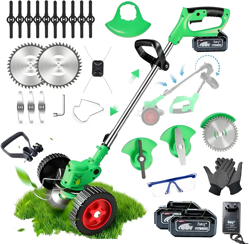 Cortador de grama com 16 lâminas, Modo com rodas e modo sem rodas, com 2 Baterias de 5000mAh e Carregador Rápido,aparador de grama elétrico potente de 2500W para uso doméstico