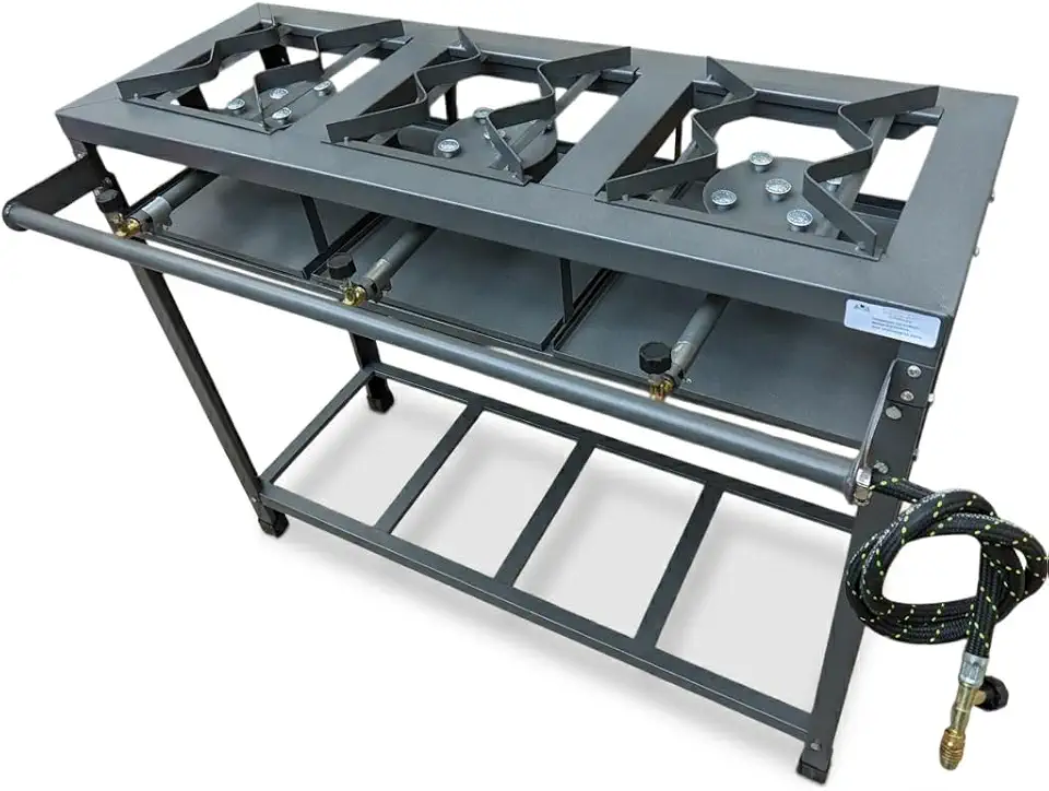 Fogão Industrial 3 Bocas Alta Pressão Aço de Carbono 30x30 | Coletor de Gordura, Mangueira e Registro Inclusos, Compatível com Botijão P13, Pronto para Uso, Tamanho Compacto