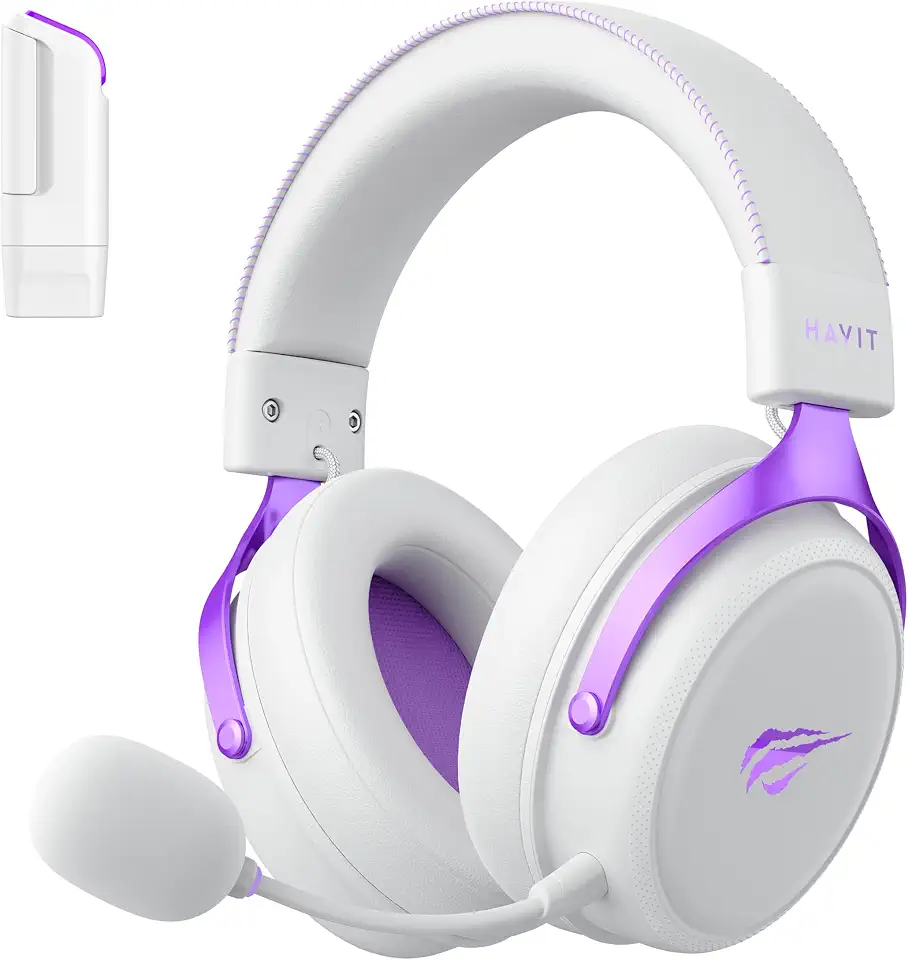 Havit Headphone Fone de Ouvido H2015YG White Purple, Quad-Mode, Sem Fio e Com Fio, Wireless 2.4GHz, Bluetooth, USB, 3,5mm, Gamer, com Microfone Destacável, Falante 53mm, Branco e Roxo