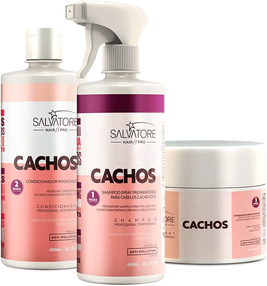 SALVATORE Kit Cachos Hair Pro 3 Passos – Shampoo 480ml + Condicionador Modelador 480ml + Condicionador Reestruturante 500ml – Definição e Controle de Frizz para Cabelos Cacheados e Crespos